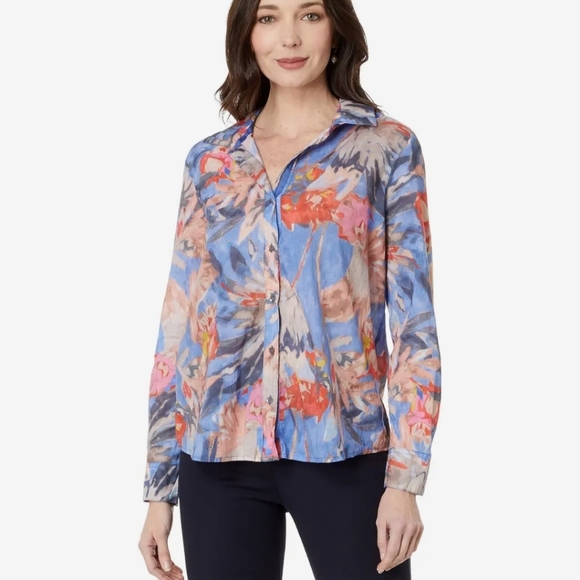 Nic+Zoe Womens Button Up Dreamscape Crinkle Shirt Size XL Multicolor Floral - Picture 3 of 11